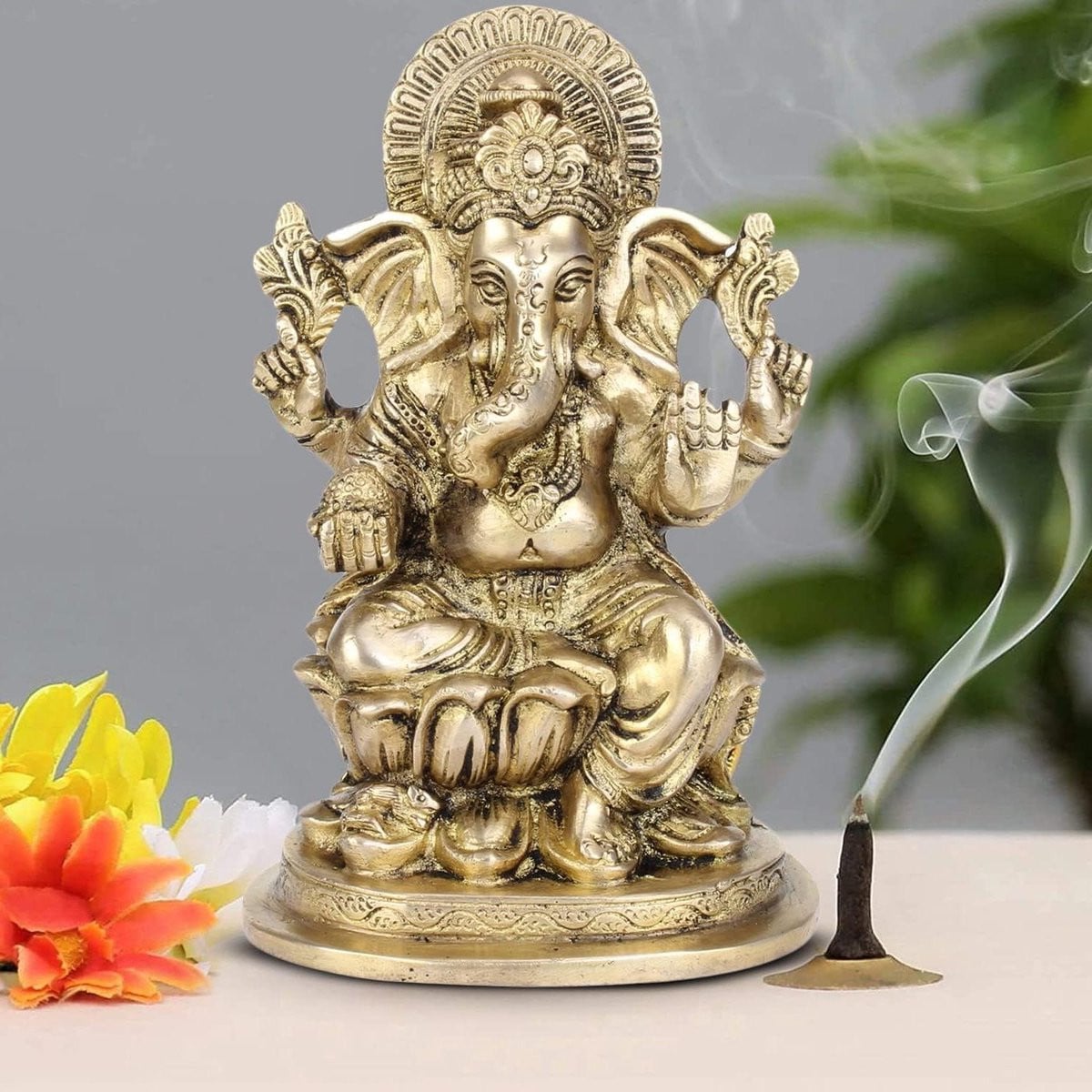 Handgemaakt Ganesha Beeld - Gouden Olifant God Decoratie - Hoogte: 17,78 cm