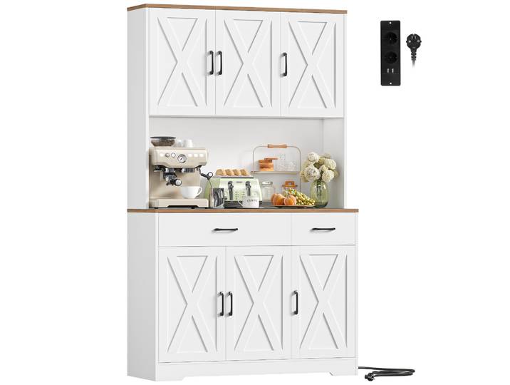 Meuble de cuisine 105X180 cm, buffet blanc, buffet avec prises électriques, étagères réglables