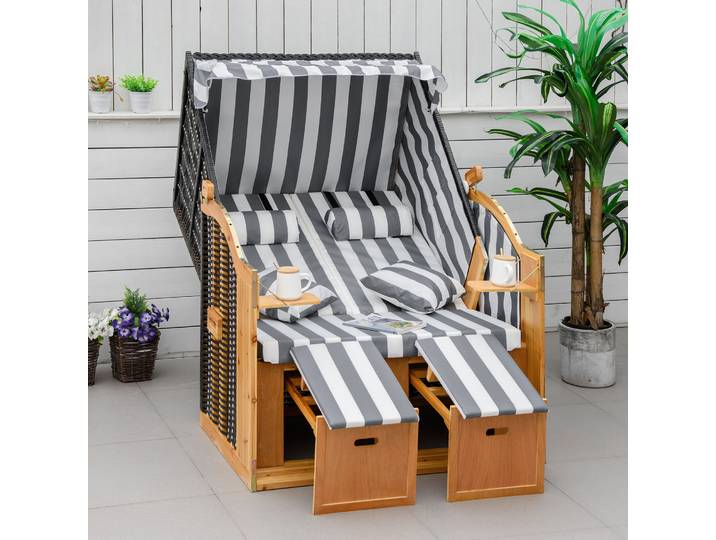 Outsunny Corbeille de plage 2 places - Cabine chaise de plage inclinable - abri plage strandkorb - coussins, repose-pieds, tablettes, pare-soleil, Nature + Gris + Blanc
