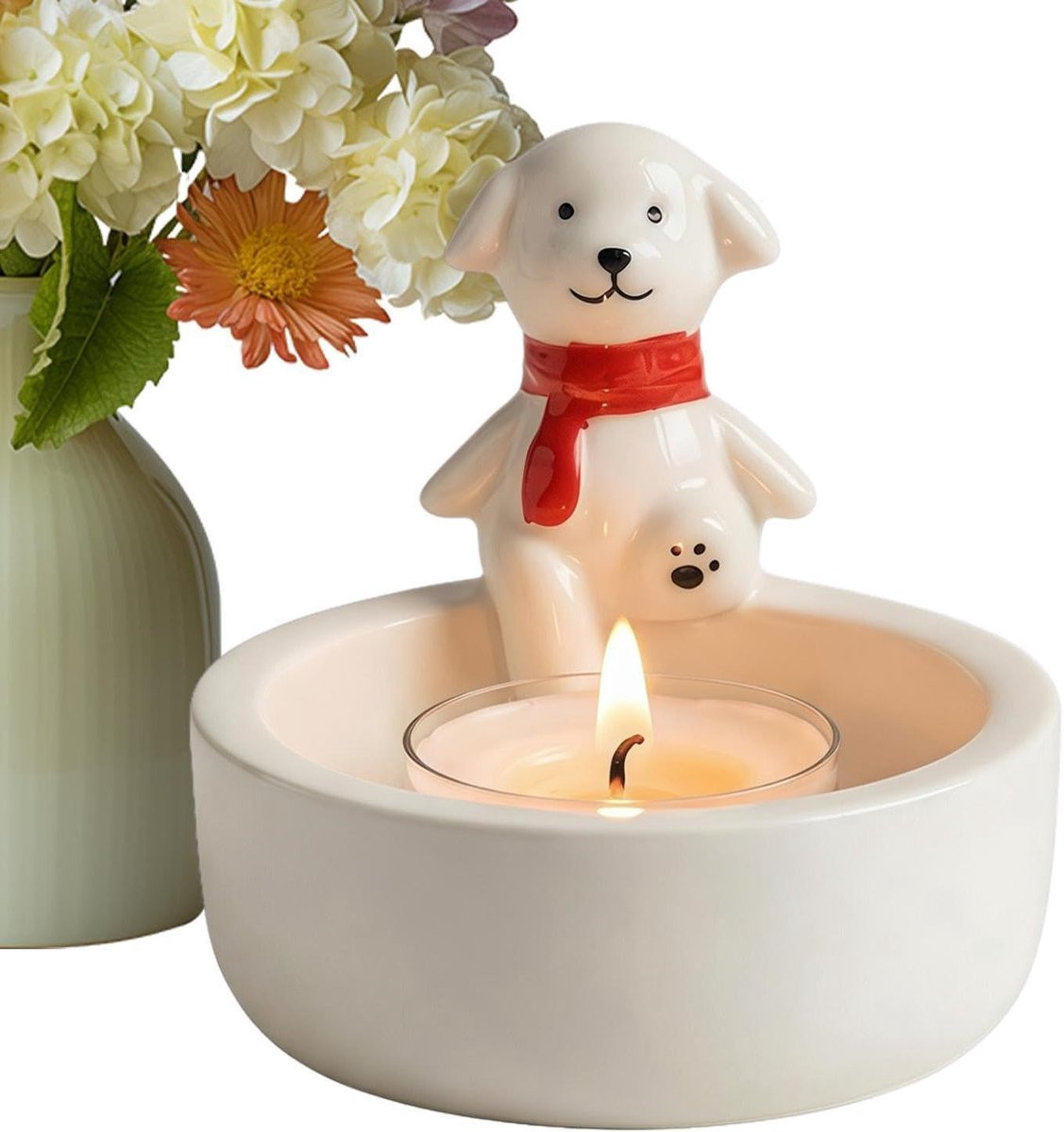 Waxinelichthouder Hond Puppy - Sfeerverlichting met druppelvrije wasopvang - B/D/H: 10 x 10 x 10 cm