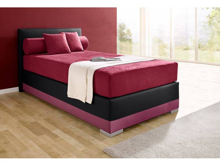 Boxspringbett, 127x210 cm, Microvelours/Kunstleder, Bordeauxrot/Schwarz, H3, Modern, Maintal