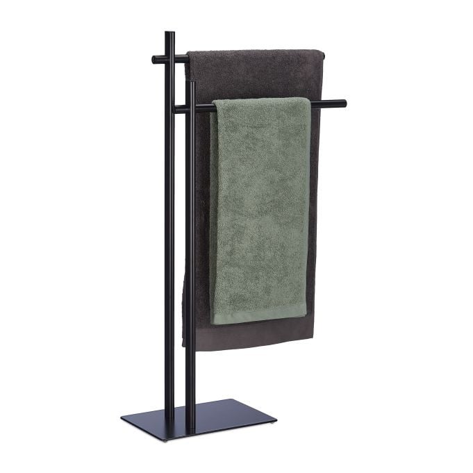 Relaxdays Vrijstaand handdoekrek met 2 stangen, zwart, H x B x D: 87,5 x 51 x 20 cm