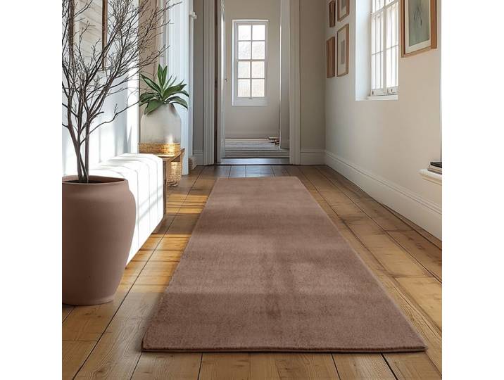 Tapis SIMPEX Runner 80x250 cm Poils Courts Lavable Antidérapant et Doux Design Moderne pour Chambre Marron
