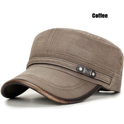 Distressed Washed Cotton Cadet Flat Cap With Leather Binding coffee