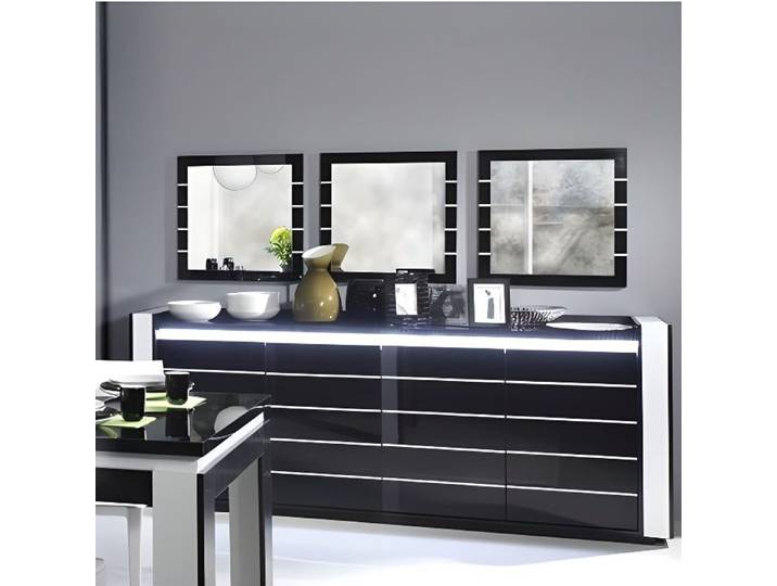 Ensemble buffet LINA avec 3 miroirs coloris noir et blanc