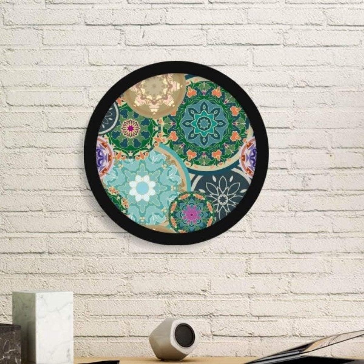 Ronde Kunstprint Ingelijst Schilderij met Houten Frame - Zwart - Diameter: 44 cm
