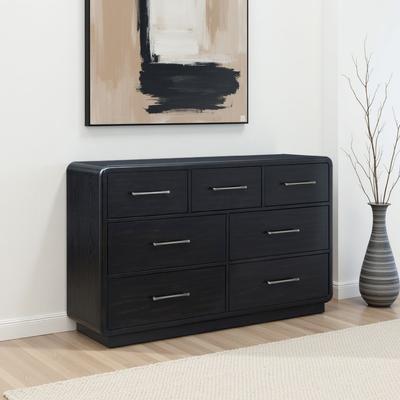 Benjara Robeck Wide Dresser, 7 Drawer, Black 64 Inch, Silver Metal Handles