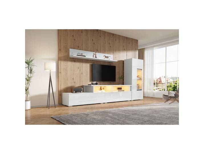 WOVREO Ensemble mural TV 3 pièces blanc brillant avec LED meuble TV 170 cm vitrine et étagère murale
