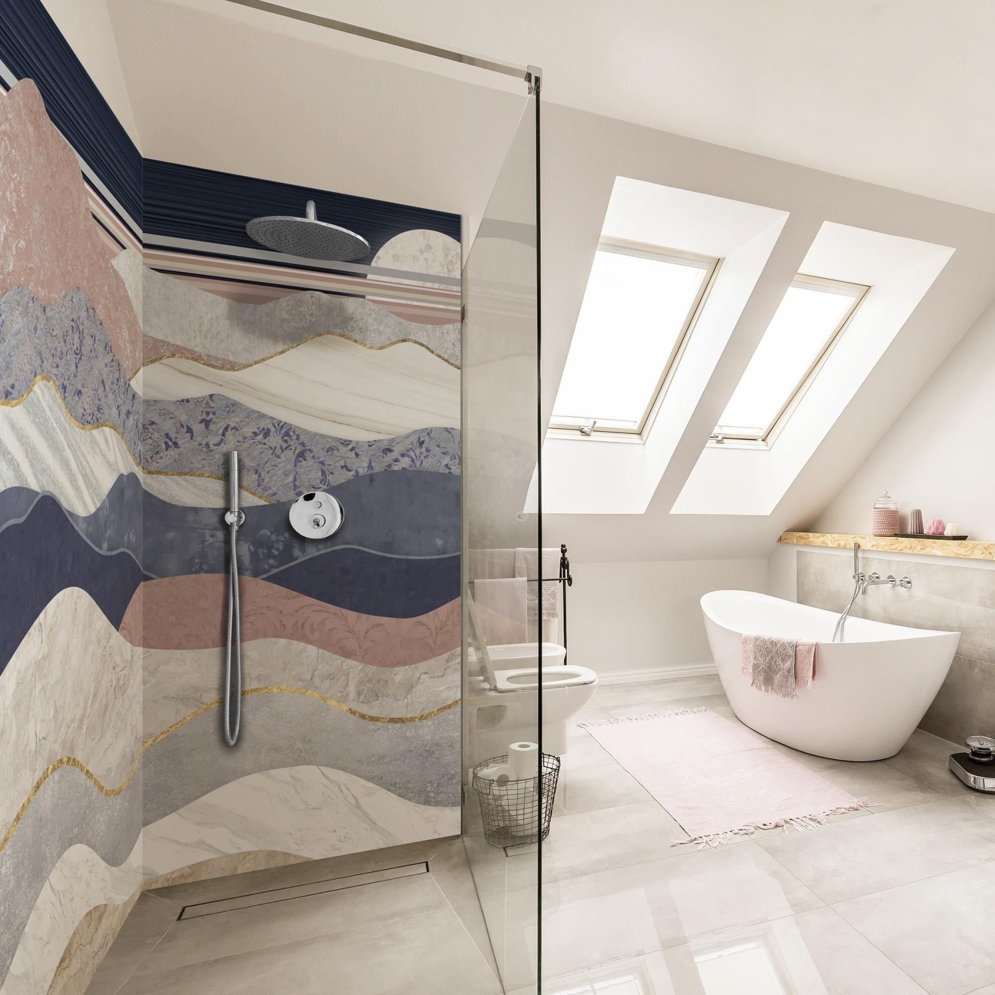 Duschrückwand Natur selbstklebend - 0.61 mm Wandpaneel wasserfest Berg grau Illustration Badrückwand fugenlos Premium matt 100x200 cm