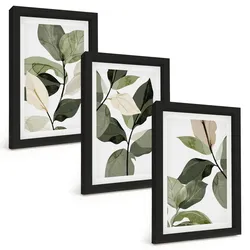 BILDER SET 3er Set - 20x30 cm Schwarzer Rahmen - Bemalte Boho-Pflanzenblätter