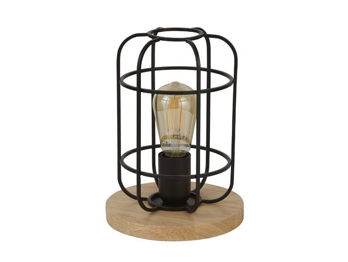 1Lt Lampe De Table Cage\, Noir Mat Avec Bois