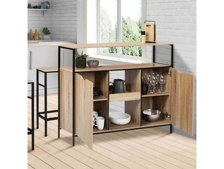 IDMARKET Meuble de bar avec portes et étagères DETROIT design industriel