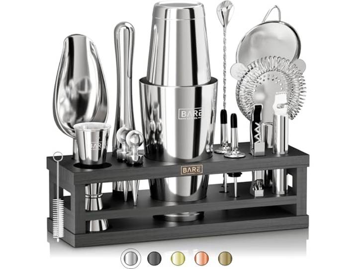 Bare Barrel Cocktail-Set, 16-teiliges Barkeeper-Set, Cocktail-Shaker-Set, Bambus-Präsentationsständer und 35 Rezeptkarten, Mixology Cocktail-Geschenk-Set (800 ml, Boston Shaker, Silber/Schwarz)