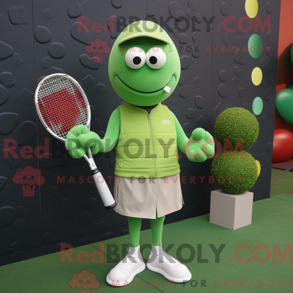 Maskottchen-Charakter REDBROKOLY eines olivfarbenen Tennisschlägers mit Rollkragen und Manschettenknöpfen