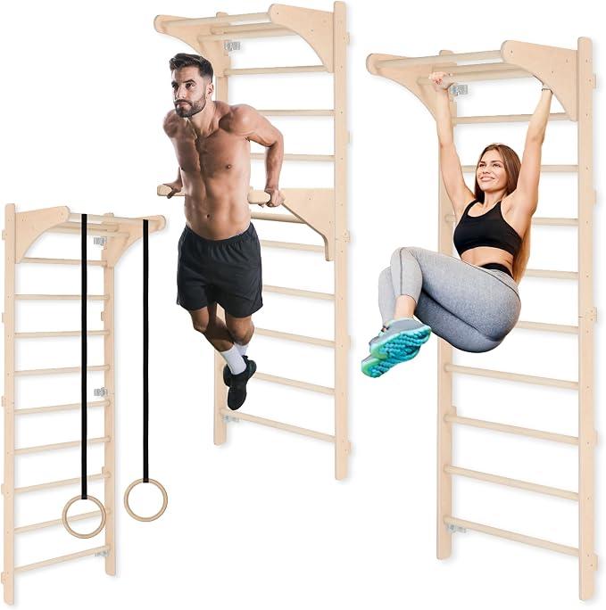 Sprossenwand mit Klimmzugstange für Erwachsene (230 cm), Holz-Kletterwand, Multifunktionales Fitnessgerät, Kletterleiter für Erwachsene & Kinder, 100% ECO, EU