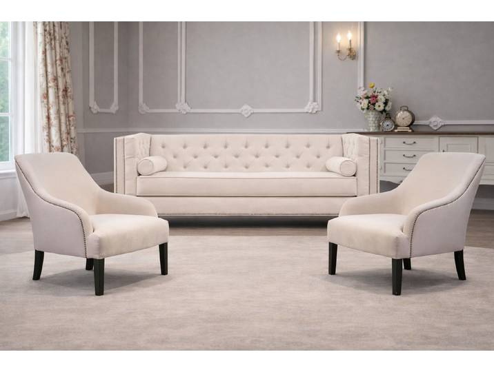 JVmoebel Chesterfield-Sessel Weißer Chesterfield Sessel aus pflegeleichtem Textilstoff (Packung, 3-St., Chesterfield Maße, Sessel Maße), Made in Europa