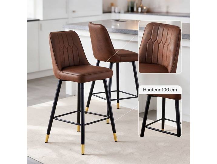 URTR Lot de 2 Tabouret de bar 42x45x100cm - Chaise haute ergonomie - Avec repose-pieds - En PU et cadre métal noir - Marron