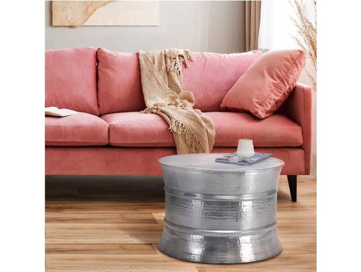 WOMO-DESIGN Table Basse Martelée de Salon -Table d`Appoint Ronde Artisanale Ø 62 x 33 cm - Aluminium Argenté - Design Oriental