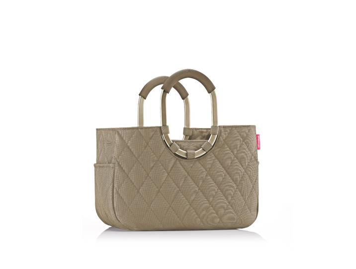 Einkaufsshopper REISENTHEL loopshopper M , beige (frame rhombus olive), B:40cm H:26cm T:20cm, Polyester, Einkaufskörbe, Einkaufsshopper, Herausnehmbare Innentasche, Standfüße, Innentasche Reißverschluss