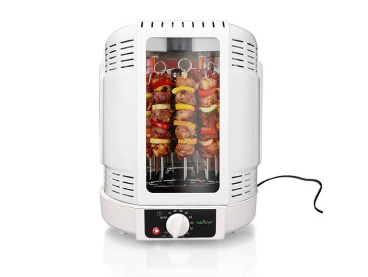 NutriChef Hähnchengrill mit Drehspieß – Weiß 700W Mini-Backofen Vertikal Elektrogrill Heißluft-Rotisserie für Hähnchen, Döner, Fleisch - Kompakt & Fettarm Inkl. Zubehör und Auffangschale