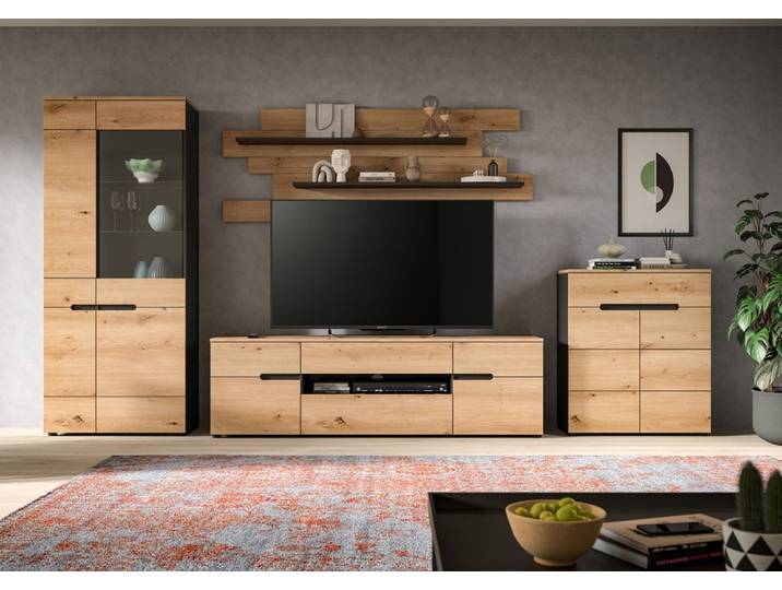 Wohnwand Anbauwand Canu , 4-teilig , Artisan / Basalt Grau , LED Beleuchtung 2
