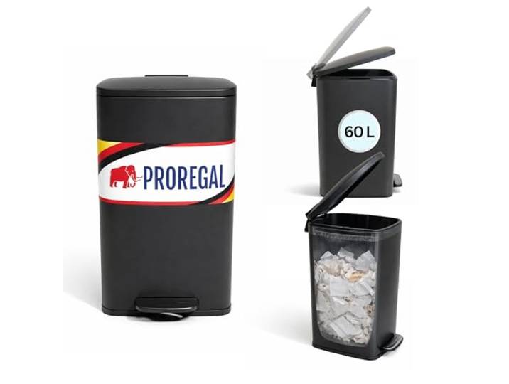 PROREGAL Mülleimer Küche Bad 60L, Abfalleimer mit Softclose & Stay-Open Deckel, Fußpedal & Inneneimer Stahl, Matt Schwarz rechteckiger Treteimer mit Inneneimer, Tretmülleimer 60 Liter