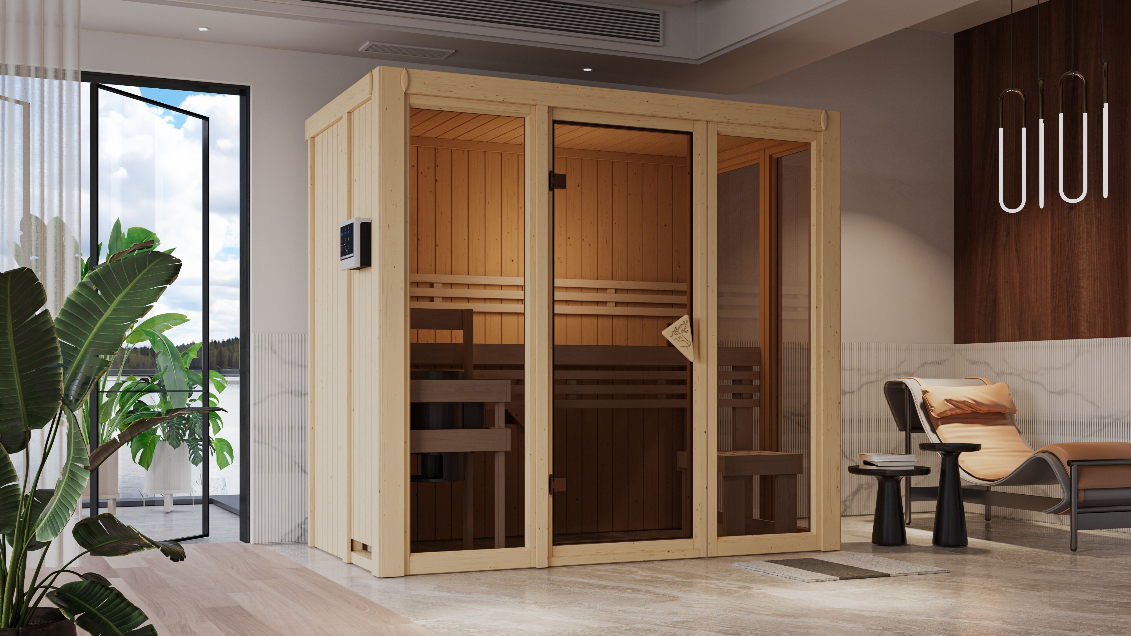 Sauna KARIBU "Vivi 2", beige (naturbelassen), Saunaofen, externe Steuerung, 3,6 kW, Saunen, Sauna, Mit 3,6 kW Ofen und externe Steuerung easy