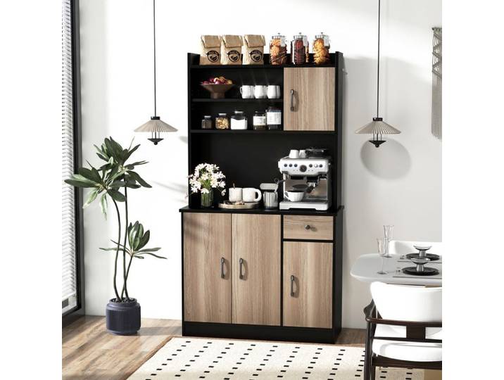 GOPLUS Buffet de Cuisine 100x40x180CM-3 Armoires + 1 Tiroir avec Trous pour Câbles-Etagères Réglables Noir