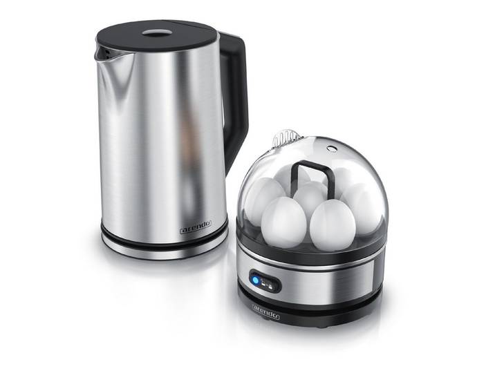 Arendo Frühstücks-Set Edelstahl Wasserkocher 1,5l, 7er Eierkocher, Silber (2-tlg), BPA-frei, GS-geprüfte Sicherheit, perfekt fürs Familienfrühstück