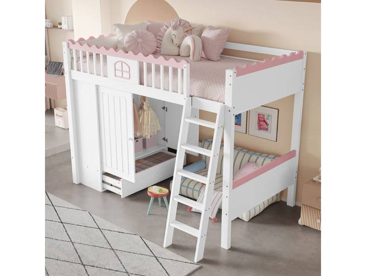 Lit superposé enfant - modèle rose - 90x200 cm - LED intégrée - grand rangement (placard + tiroirs)