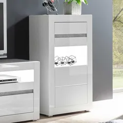 Wohnwand Vitrine in Hochglanz Weiß und Beton Grau modern