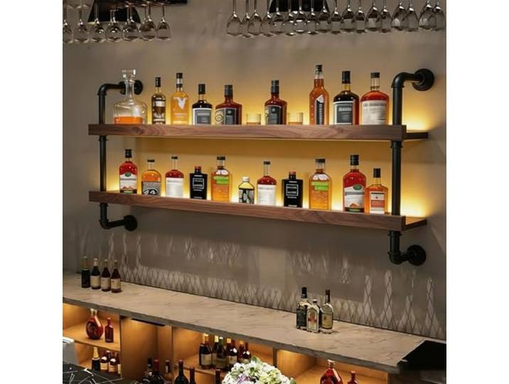 AUSKLEZU Wand-Weinregal Industrie-Design LED (Nussbaum, 2-89CM) Mit LED-Lichtleiste, Bis 80 kg Traglast, 20 cm Tiefe, Einfache Wandmontage, Für Bar & Restaurant