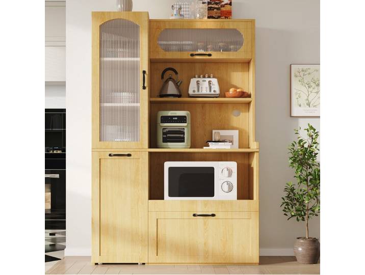 Buffet haut de cuisine QAVRYL 98 x 40 x 177 cm MDF décor bois naturel verre cannelé étagères réglables