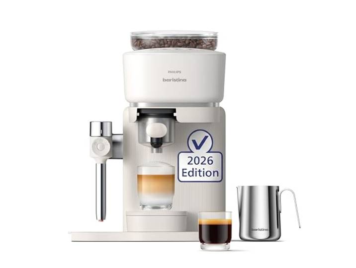 PHILIPS Baristina Latte Espressomaschine mit Milchaufschäumer, Weiß, 16 Bar Für Cappuccino & Latte Macchiato, Keramikmahlwerk, mahlt, tampt & brüht automatisch (BAR400/00)