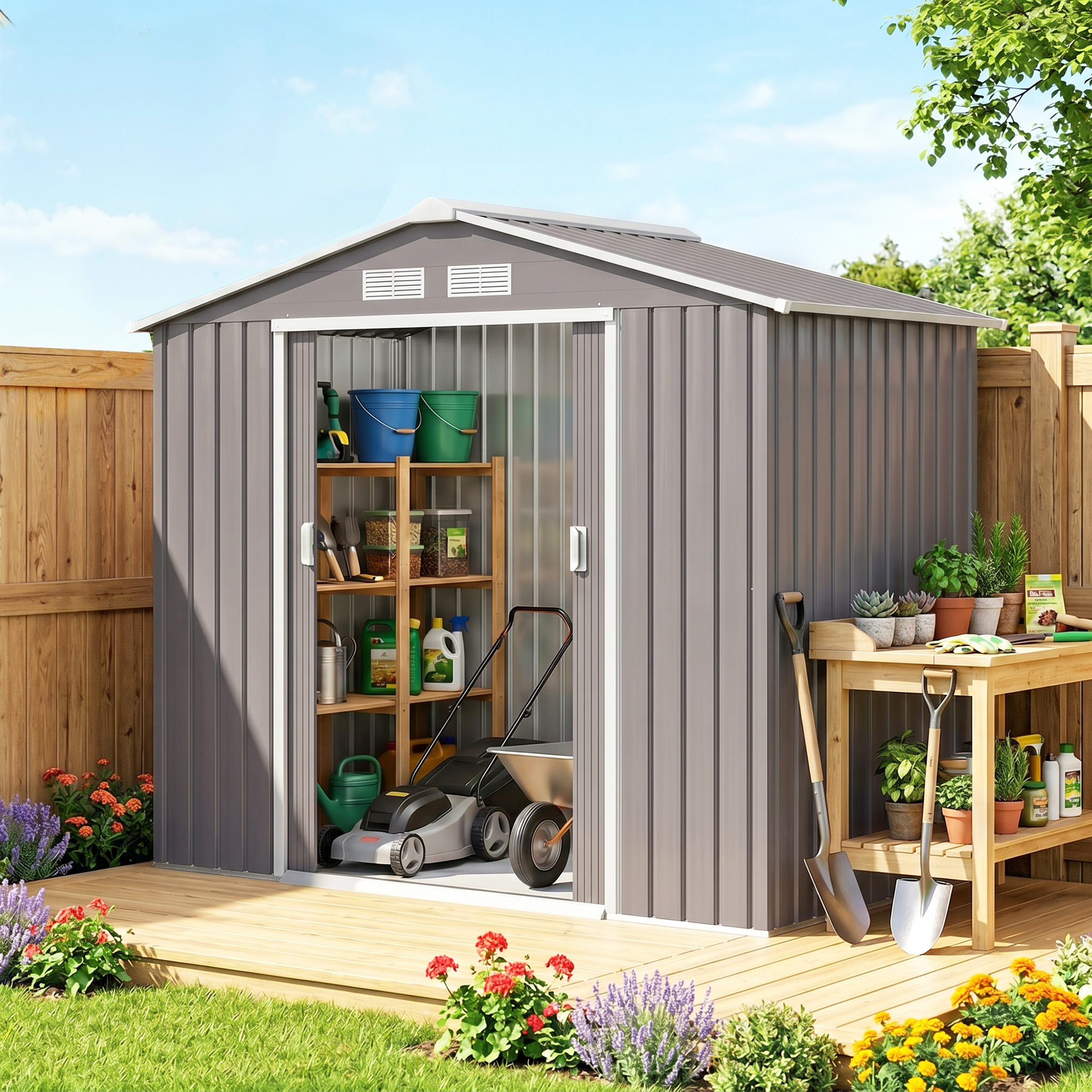 Outsunny Casetta da Giardino con Porte Scorrevoli in Lamiera, Capanno Attrezzi in Acciaio, 213x130x185 cm, Grigio   Aosom Italy