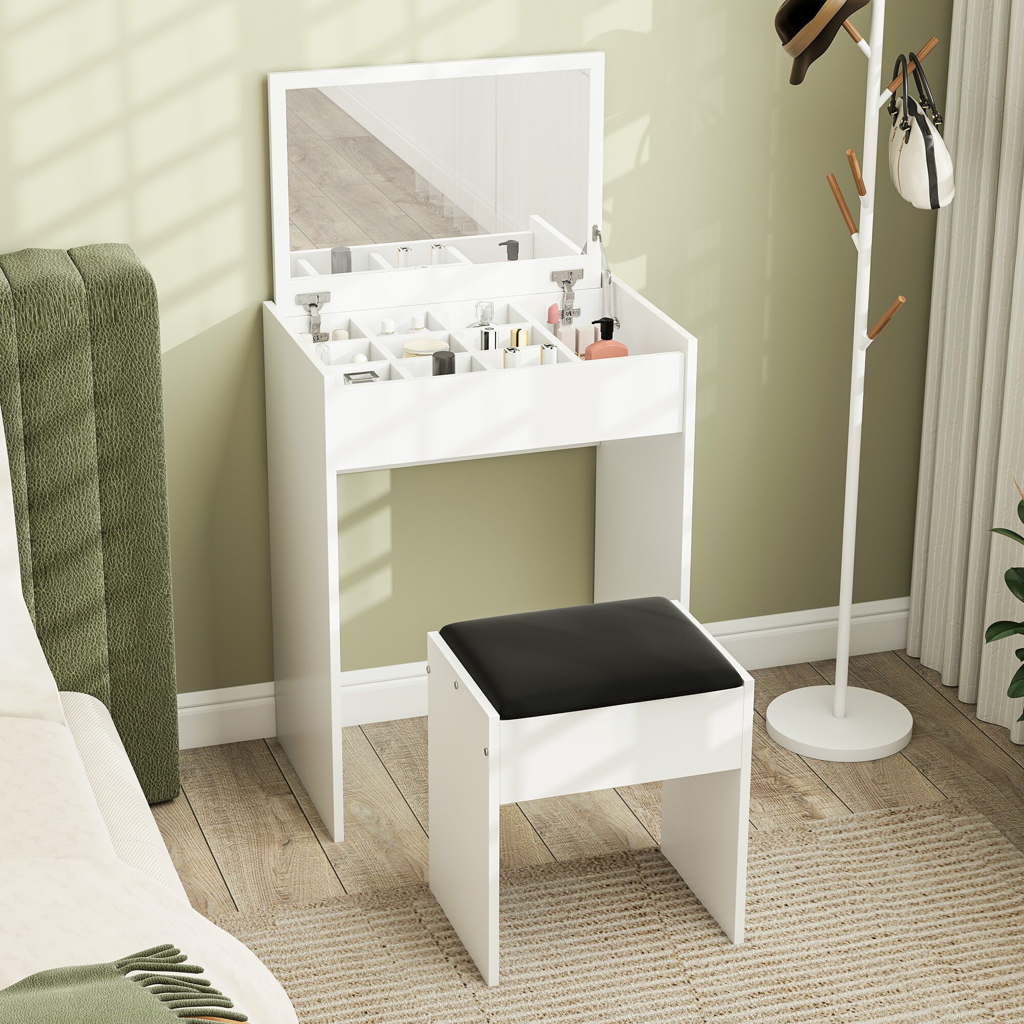 Altro Postazione Trucco Con Specchio Richiudibile, Toeletta Trucco Moderno, Con Sgabello, Vano Contenitore A 10 Scomparti, Mdf Bianco, 60.2 X 40.2 X 79cm