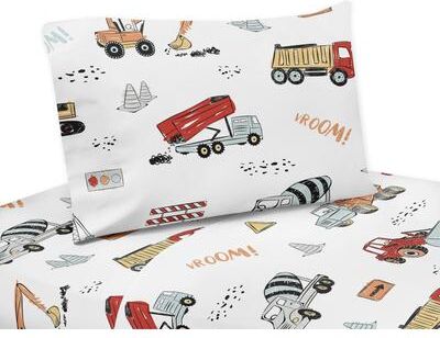 Sweet Jojo Designs Construction Truck Collection 3-piece Twin Sheet Set - Grey Yellow Orange Red and Blue Transportation
