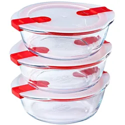 Tefal & Heat Ronde Schaal Met Magnetronbestendige Deksel - Set van 3 Stuks - Glas - Pyrex, Vorratsbehälter, Transparent