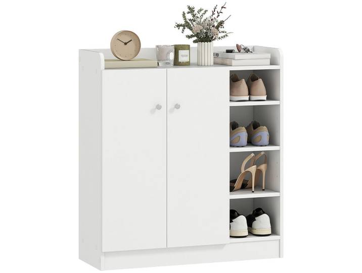 ComfortXL Schuhschrank De-14969 4 offene Fächer & Doppelschrank mit 4 Einlegeböden Weiß, 83x90x30 cm, Garderobe, Schuhaufbewahrung, Schuhschränke