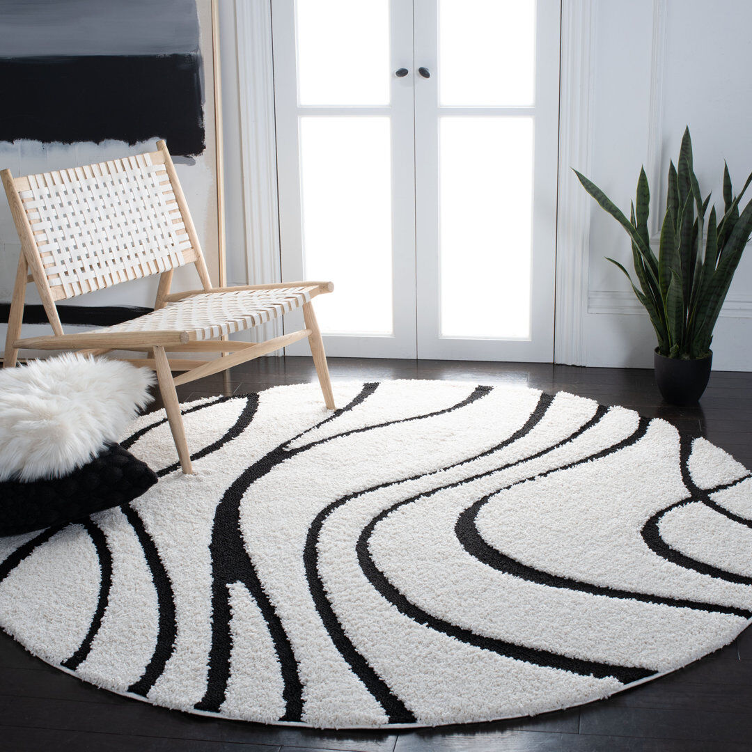 Blue Elephant Florida Abstract Shag Area Rug Black/Ivory Round 91 cm