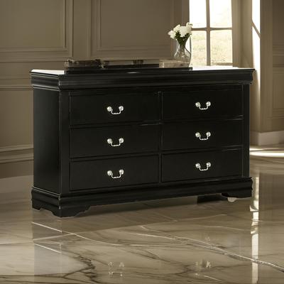 Benjara Ryla Wide Dresser, 6 Drawers, Nickel Metal Handles, Black Solid Wood