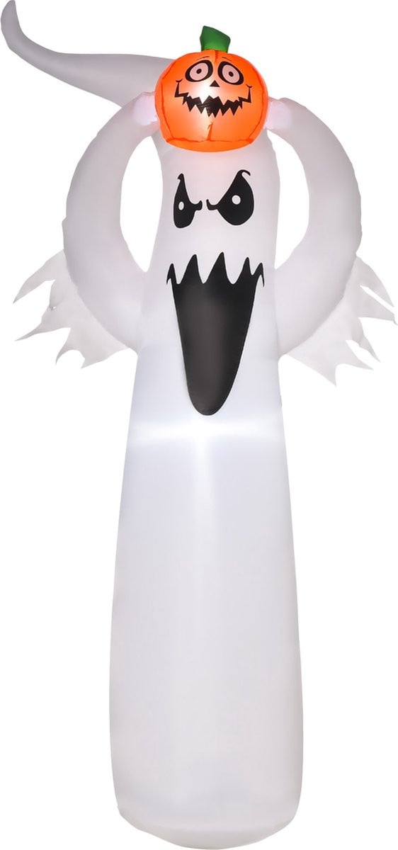 HOMCOM Halloween opblaasbaar spook met LED's, wit en oranje, H 180 x B 80 x D 40 cm