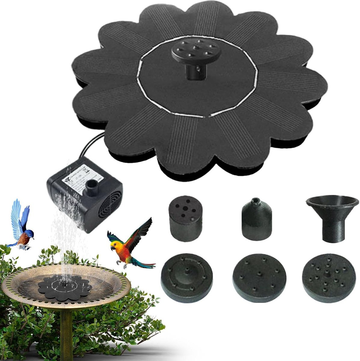 Zonnefontein Vogelbad met Waterpomp - Zonne-energie Aangedreven Tuindecoratie - Zwart - 16 x 16 cm