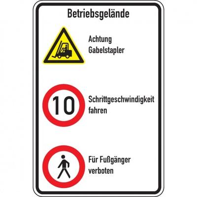 Schild I Kombischild Betriebsgelände, Stapler und 10 km/h + Fußgänger, Aluminium, 600x900mm, DIN EN ISO 7010 W014