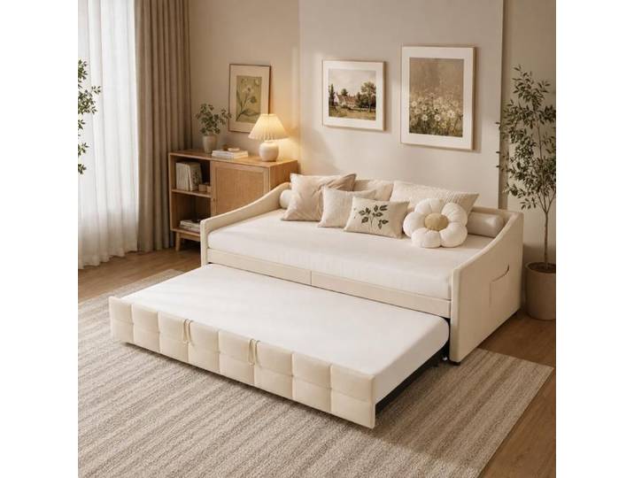 Canapé lit Convertible 2 Places 90/180 x 200 cm Canape Lit Rembourré avec sommier à Lattes Canapé-lit gigogne Velours Beige
