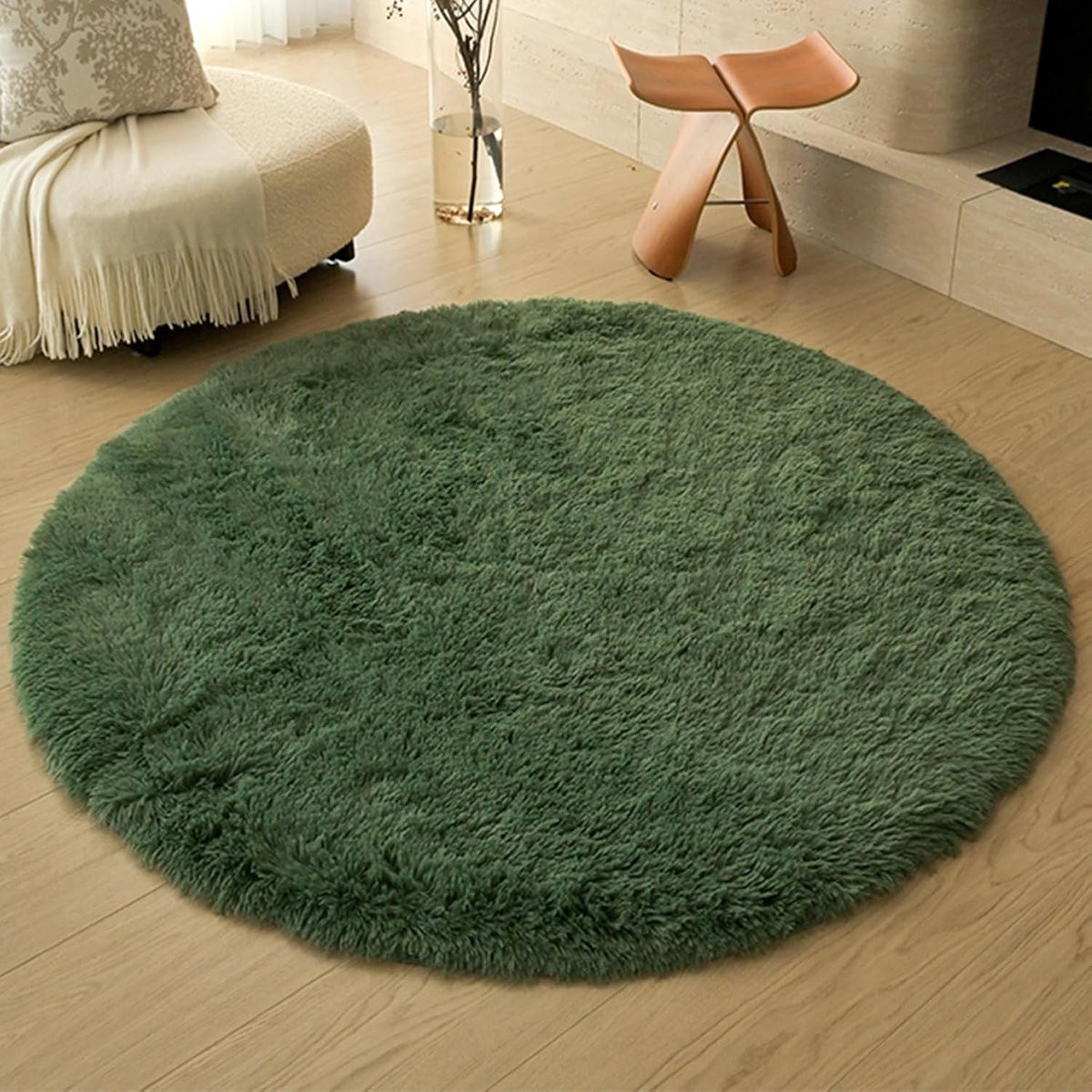 Rond Shaggy Vloerkleed Donkergroen - Polyester - Diameter: 80 cm