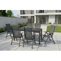 SIENA GARDEN Miros Garten-Essgruppe, anthrazit/dark concrete, Aluminium/Glas, Ausziehtisch 180/240x90, 6x Klappstühle
