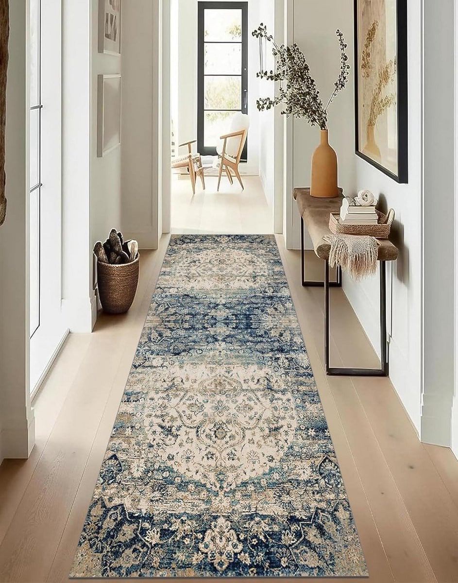 Wasbare Runner Keuken Tapijt Vintage Abstract Blauw Groen B/D: 90 x 180 cm