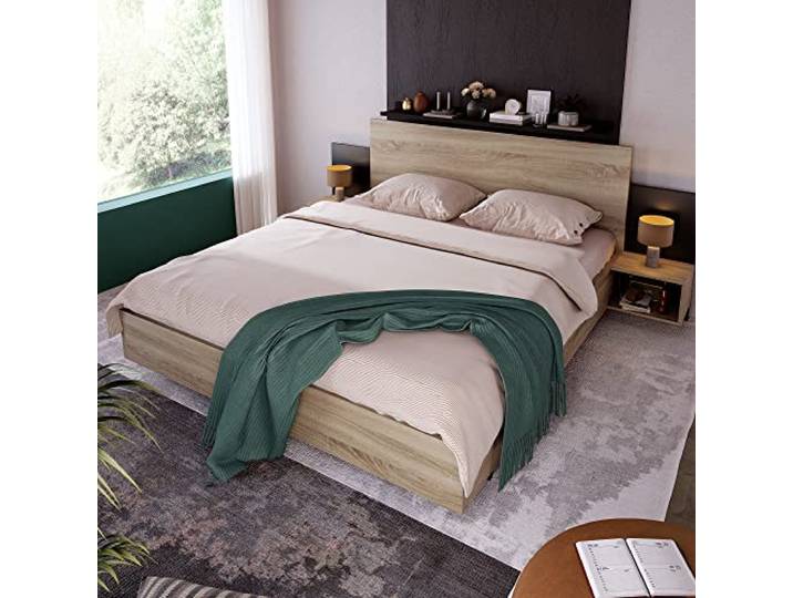 Elaimoros Doppelbett Holzbett Bettanlage 160 x 200 cm mit 2 Nachtkommoden Modernes Bett inkl. 2 Nachttischen Eiche Sonoma/Dunkelgrau