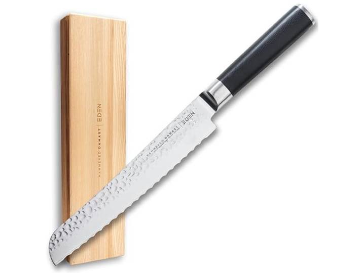 Eden Hammered Damast 2031-116, Brotmesser 20 cm, Schwarz G10 Griff, Klinge aus gehämmertem Damaststahl, 60 HRC, AUS-10 Damaststahl